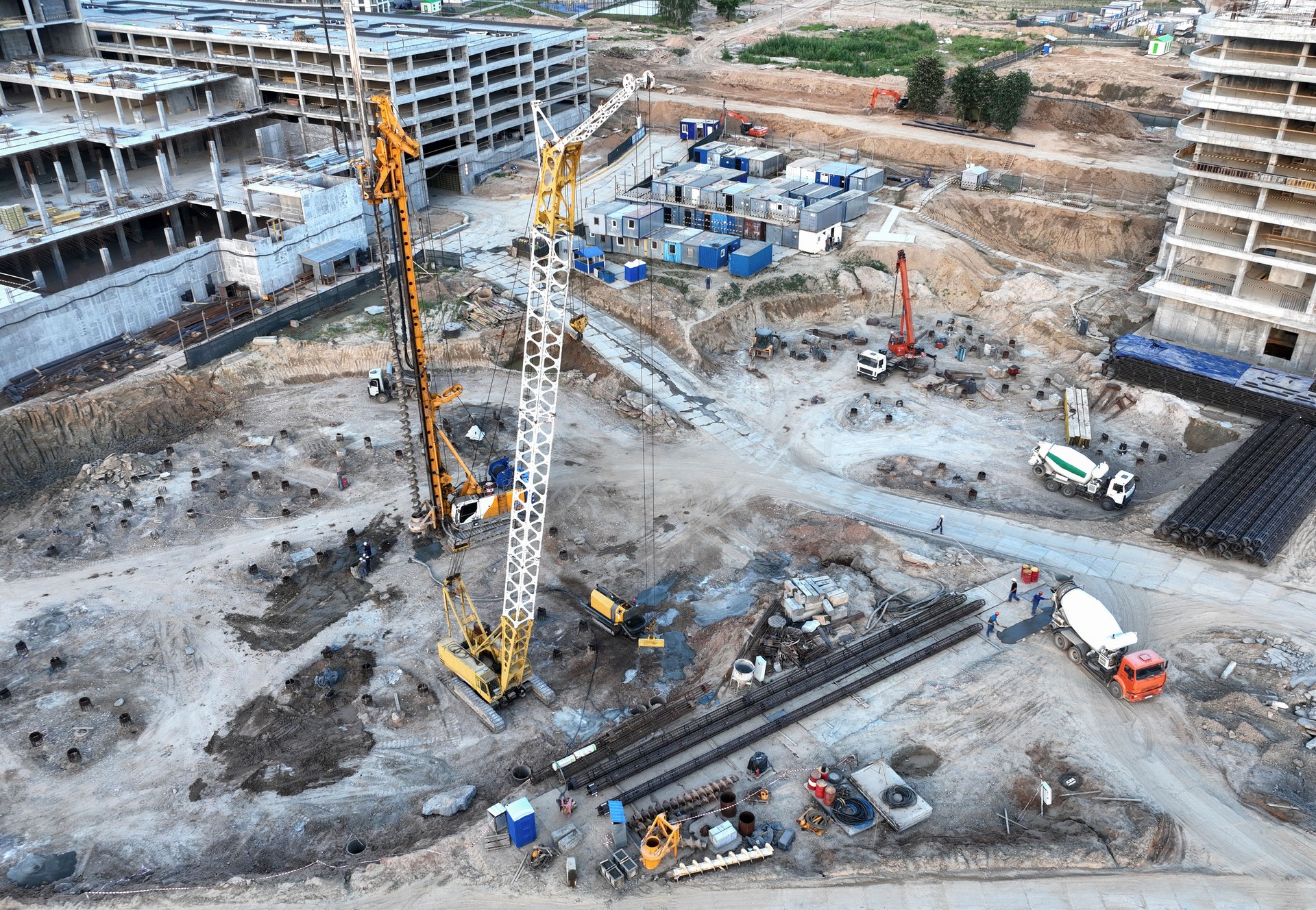 Deep foundation machine. Drilling rig and Pile driver at construction site.