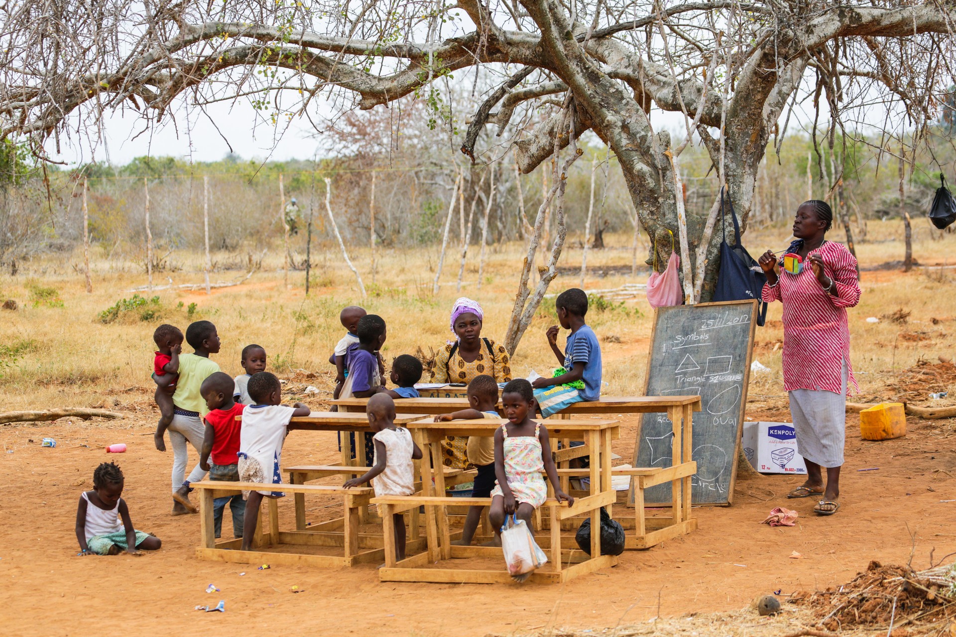 MALINDI, KENYA - JAN 25, 2017: Children from small local village attending open air primary school.