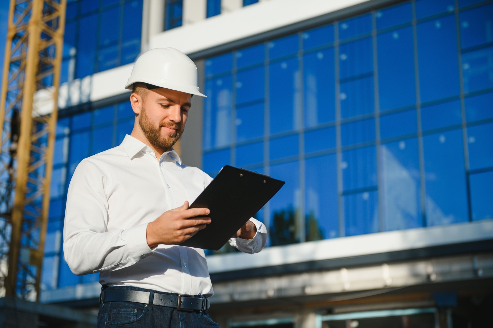 Engineer next to building cranes. Concept - large construction project. Architect directs the construction process. Drawings and tablet in the hands.